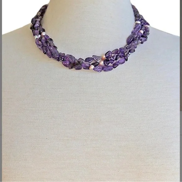 Cultured Pearl & Amethyst Statement Necklace - Picture 2 of 3